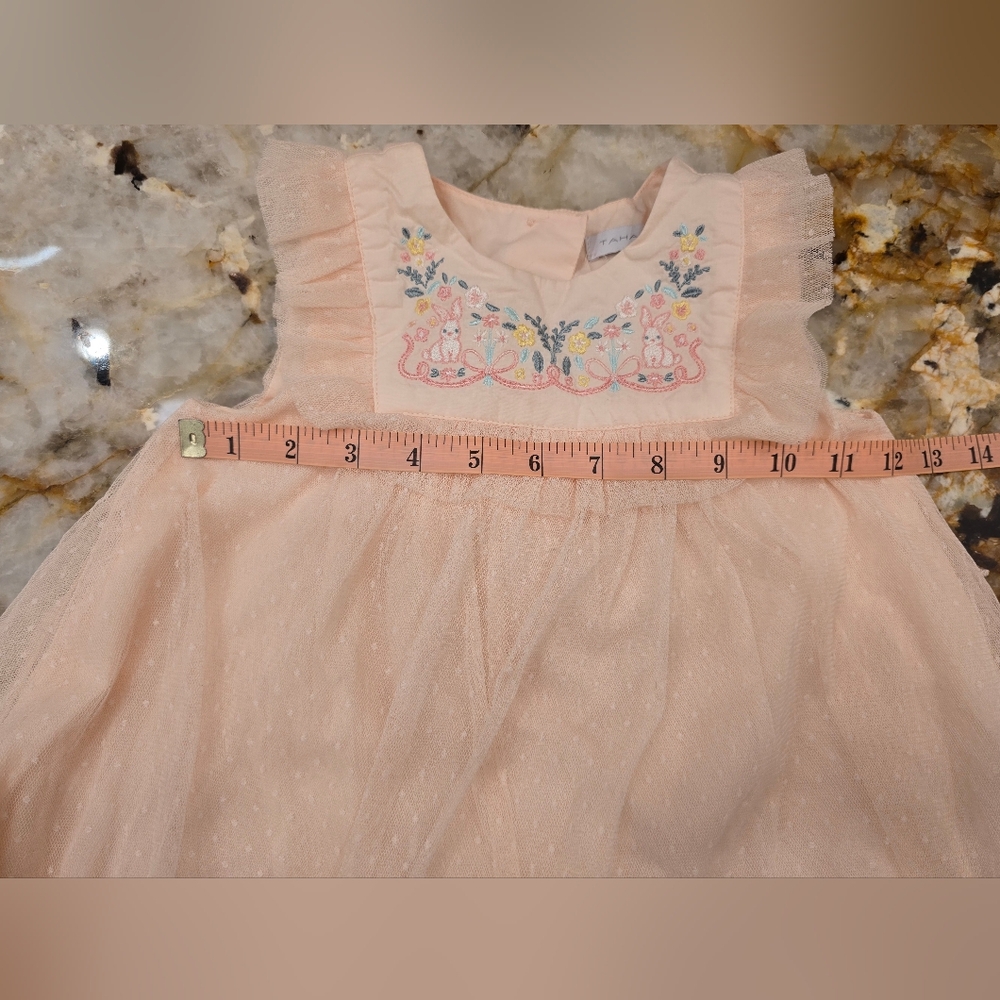 Tahari Baby Dress Embroidered Rabbits Flowers Peach - Picture 6 of 7